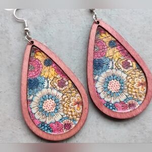 Floral Teardrop Wooden Earrings
